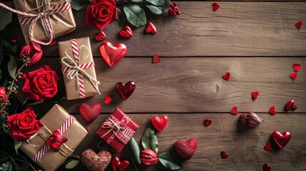 Valentines day background. Hearts, roses, gifts and romantic decorations, on rustic wooden table. Place for typography. 