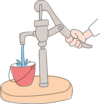 Hand drawing filling a bucket with water from a water pump.