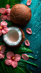 Fototapeta na wymiar Coconut with tropical leaves and hibiscus flowers on blue background