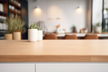 Wooden kitchen home table bokeh background, empty wood desk tabletop food counter surface product display mockup with blurry cafe abstract backdrop advertising presentation. Mock up, copy space.