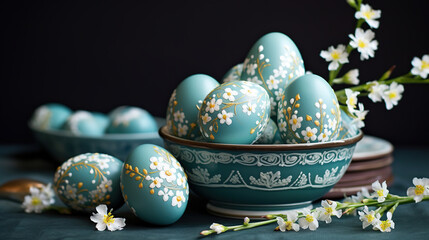 Obraz na płótnie Canvas Blue decorated easter eggs with beautiful spring flowers. Selective focus