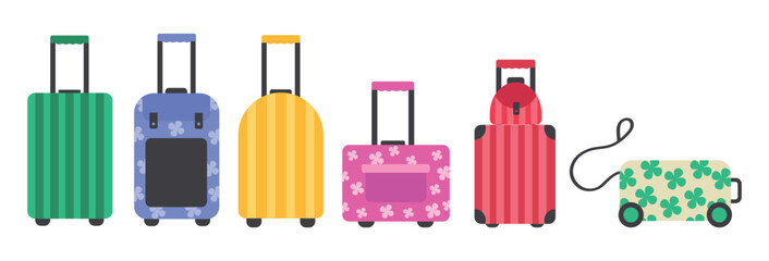 Set of travel bags. Plastic and fabric suitcases on wheels for children and adults. Vector illustration for tourism, luggage, vacation concept.