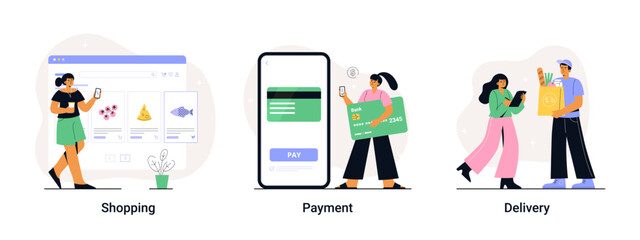 A woman chooses goods, pays online, and receives an order from a courier. Easy online shopping in three steps. Vector flat illustrations for app, web banner, and landing page.