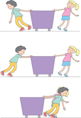 Push and Pull force vector illustration. Force, motion and friction concept. Easy science for kids. Educational illustrated scene.