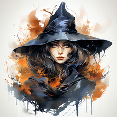 Portrait of a Halloween Witch in Watercolor