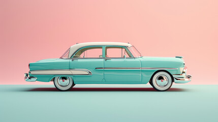 Classic turquoise sedan on pastel background, perfect for vintage car loans and collectors.