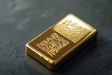 gold bar is rectangular and has qr code  - obrazy, fototapety, plakaty