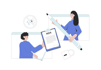 NDA concept. Non disclosure agreement. Legal confidential document. Signing contract between employee and employer about confidentiality.