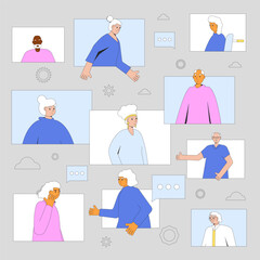 Video call between elders. Senior aged people communication online. Vector illustration.