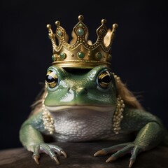 Frog in a crown on a dark background. Studio shot.AI.