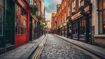 Fototapeta na wymiar Deserted, cobblestone street in Dublin, Ireland, lined with shops and bistros.
