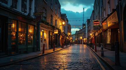 Deserted, cobblestone street in Dublin, Ireland, lined with shops and bistros.
