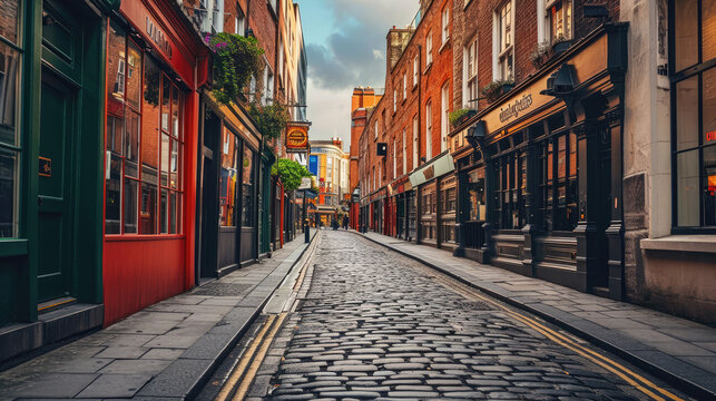 Deserted, cobblestone street in Dublin, Ireland, lined with shops and bistros.