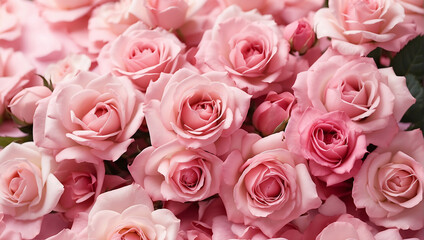 Closeup a bouquet of pink roses flower texture background for a Valentine's Day celebration or a summer wedding. Pattern of pink rose petals. Pink roses background for love and romance.