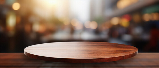 Fototapeta premium Wooden table bokeh city view background, empty wood desk tabletop counter surface product display mockup with blurry cityscape lights abstract backdrop presentation. Mock up, copy space.