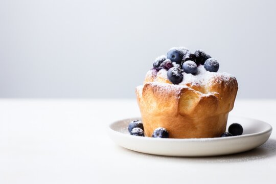 blueberry popover pastry on minimal white gray background closeup. Brunch wit Yorkshire Pudding dessert, popovers, muffin.