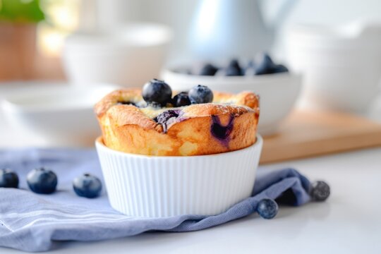 blueberry popover pastry on minimal white gray background closeup in the morning for breakfast. Brunch wit Yorkshire Pudding dessert, popovers, muffin.