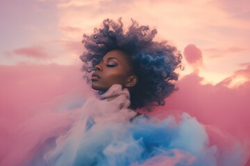 double exposure of a beautiful black woman. face closeup in dreamy pink pastel blue clouds and sky. Music concert, r'n'b, funk, electronic party poster and creative banner. - obrazy, fototapety, plakaty