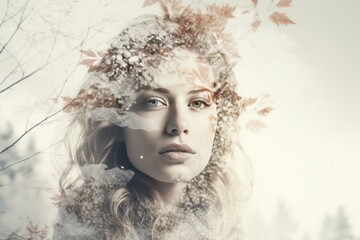 double exposure portrait of a woman in winter. Feminine side in harmony with nature and energy.