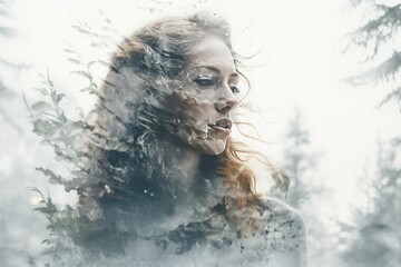 double exposure portrait of a woman in winter nature. Feminine side in harmony with natural landscape and energy.