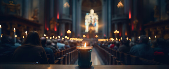 Fototapeta na wymiar Burning candle on church Easter service