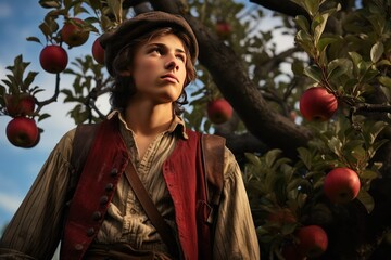 young guy near red apple tree. man bringing apples to people