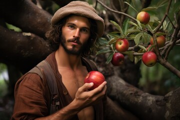 young attractive guy near red apple tree. man bringing apples to people