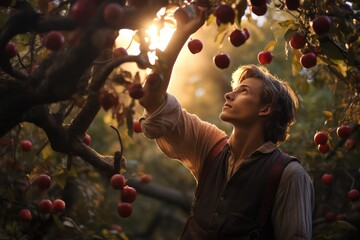 young attractive guy collecting fruit from red apple tree. man bringing apples to people.