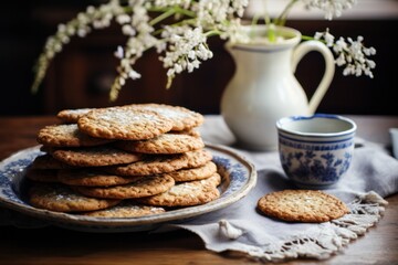 Fototapeta na wymiar lacy oatmeal cookies in rustic kinfolk style kitchen