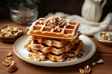 oatmeal nut waffles on beige minimal kitchen. Homemade dessert recipe for breakfast. - Powered by Adobe