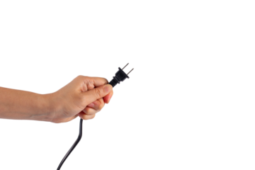 Electric plug on white background. Hand with plug isolated on transparent background.