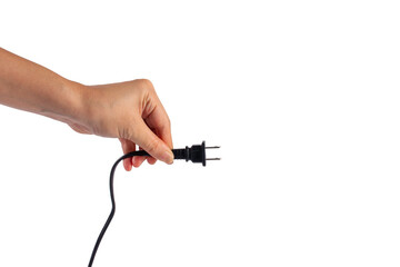 Electric plug on white background. Hand with plug isolated on transparent background.