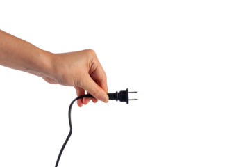 Electric plug on white background. Hand with plug isolated on transparent background.