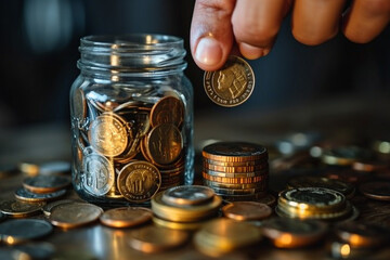 woman hand collectiing golden coins as an investment, retirement concept