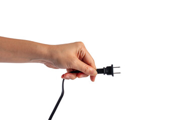 Electric plug on white background. Hand with plug isolated on transparent background.