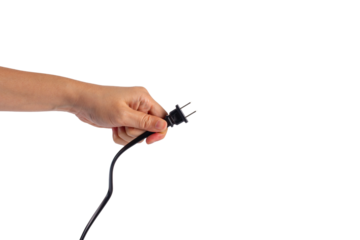 Electric plug on white background. Hand with plug isolated on transparent background.