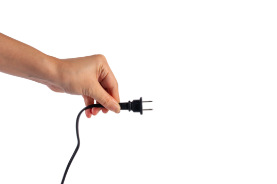 Electric plug on white background. Hand with plug isolated on transparent background.