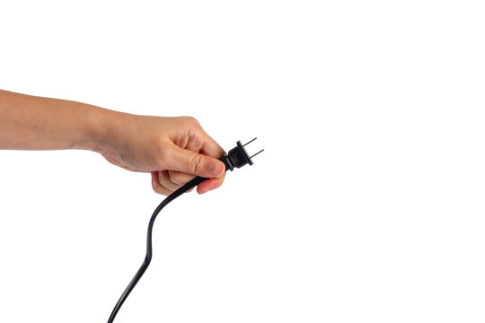 Electric plug on white background. Hand with plug isolated on transparent background.