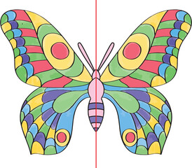 A colorful symmetrically drawn butterfly. Butterfly perspective.