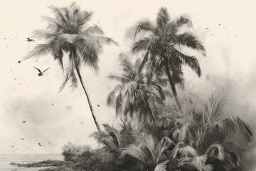 Monochrome artwork featuring inked illustrations of a pen and a palm tree. Generative AI