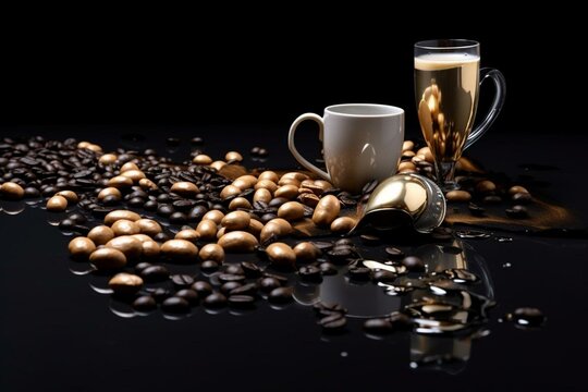 Coffee spills on dark table with decorative beans, set against black backdrop. Generative AI