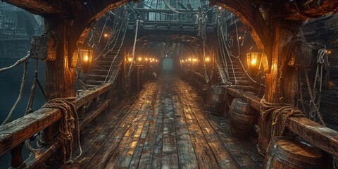 Inside the Pirate's Lair: Explore the intricate structure within a pirate ship, from the wooden deck to the hidden treasure chamber, Generative AI