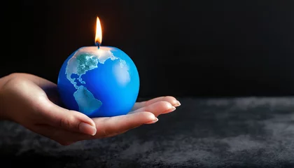 Fototapeten Close-up of female hand holding burning earth candle on dark background with copy space © Ester