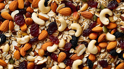 A mixture of nuts, muesli, nutritious food. Background with the texture of a mixture of nuts. - obrazy, fototapety, plakaty