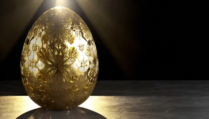 Fototapeten Decorative golden easter egg in spotlight on dark background with copy space © Ester