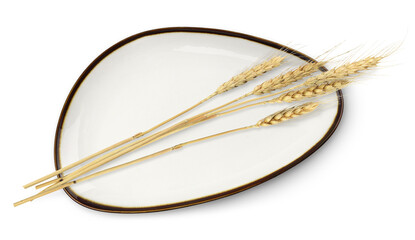 Triangle dish with brown edging with dry rye spikelets with shadows isolated on white or...