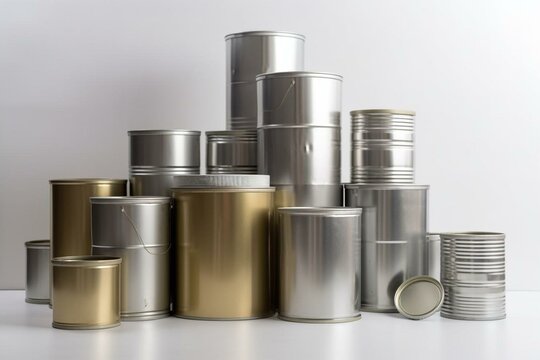 Several exposed metallic containers alone on a plain white backdrop. Generative AI
