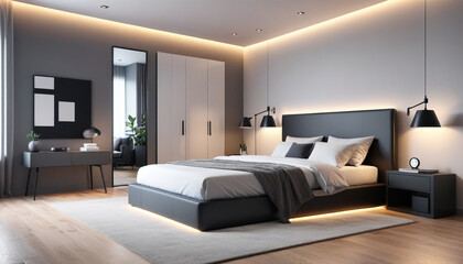 Contemporary bedroom with smart home features automated lighting voice controlled environment minimalist design m style