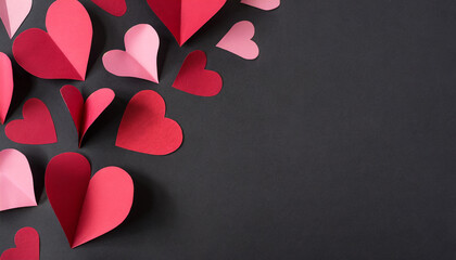 Red and pink cut out paper hearts on black paper with copy space