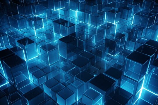 Modern tech wallpaper with precisely arranged see-through cubes. Blue, computer-generated imagery. Generative AI